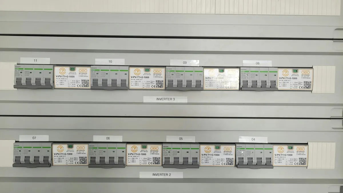 Electrical circuit breakers arranged in two rows in a panel