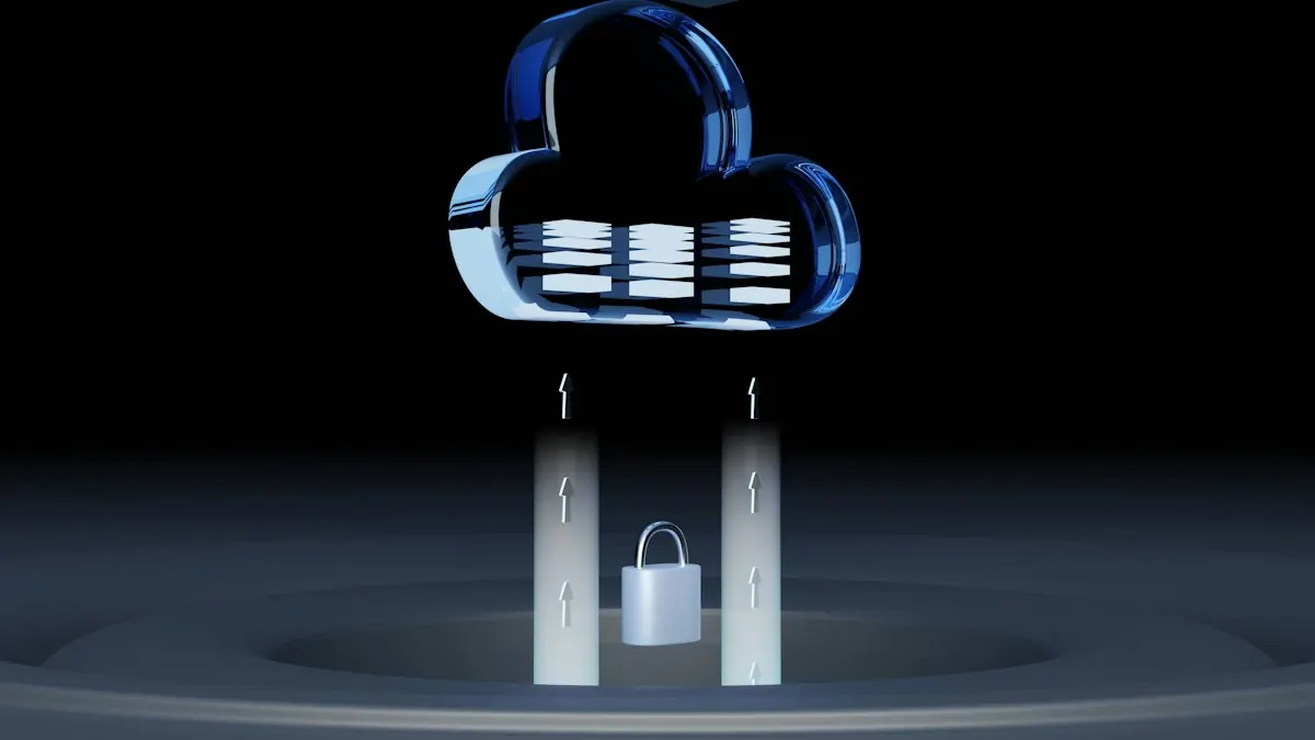 3D illustration of a cloud icon holding server drives above a padlock