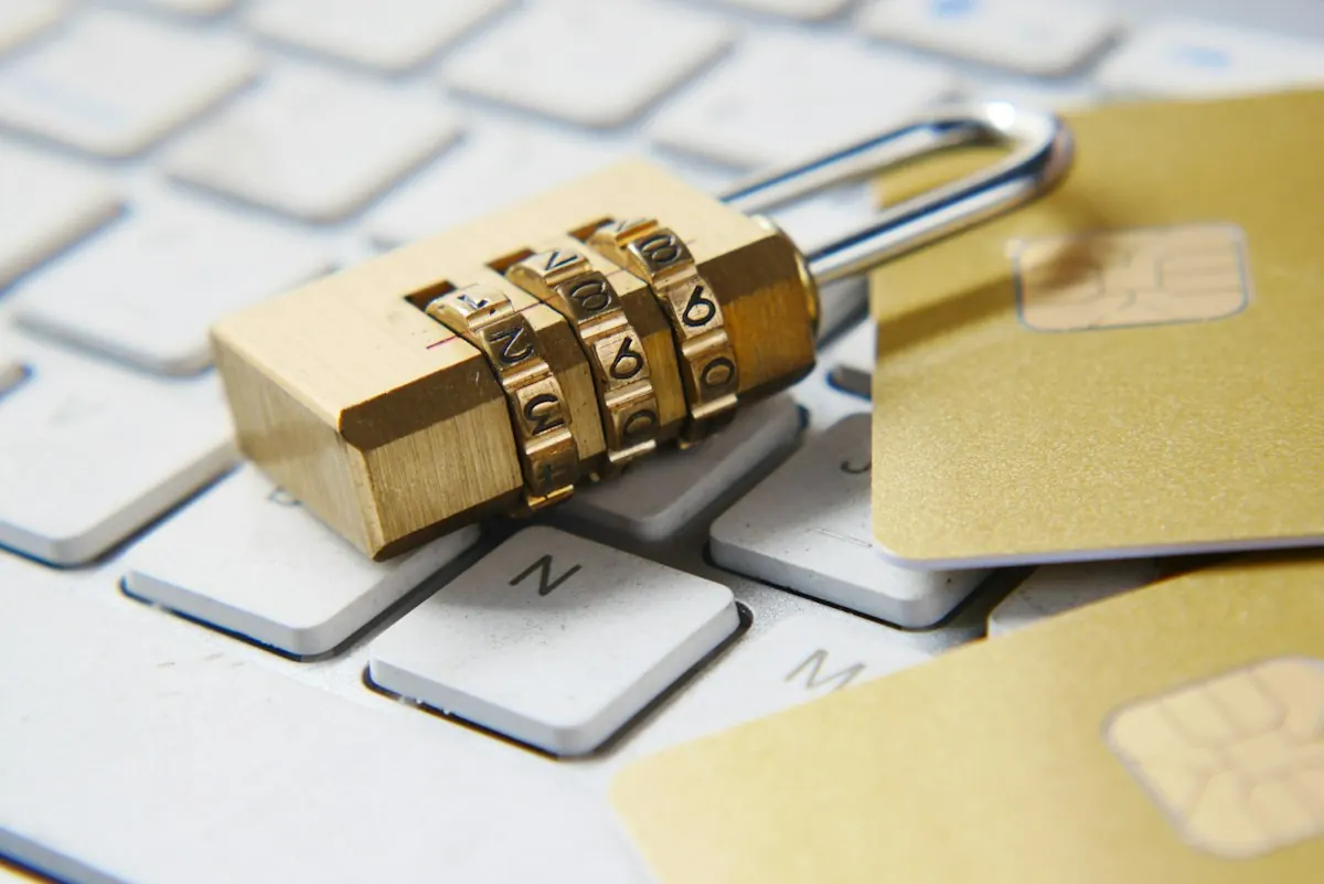 Gold combination padlock resting on a white keyboard next to payment cards