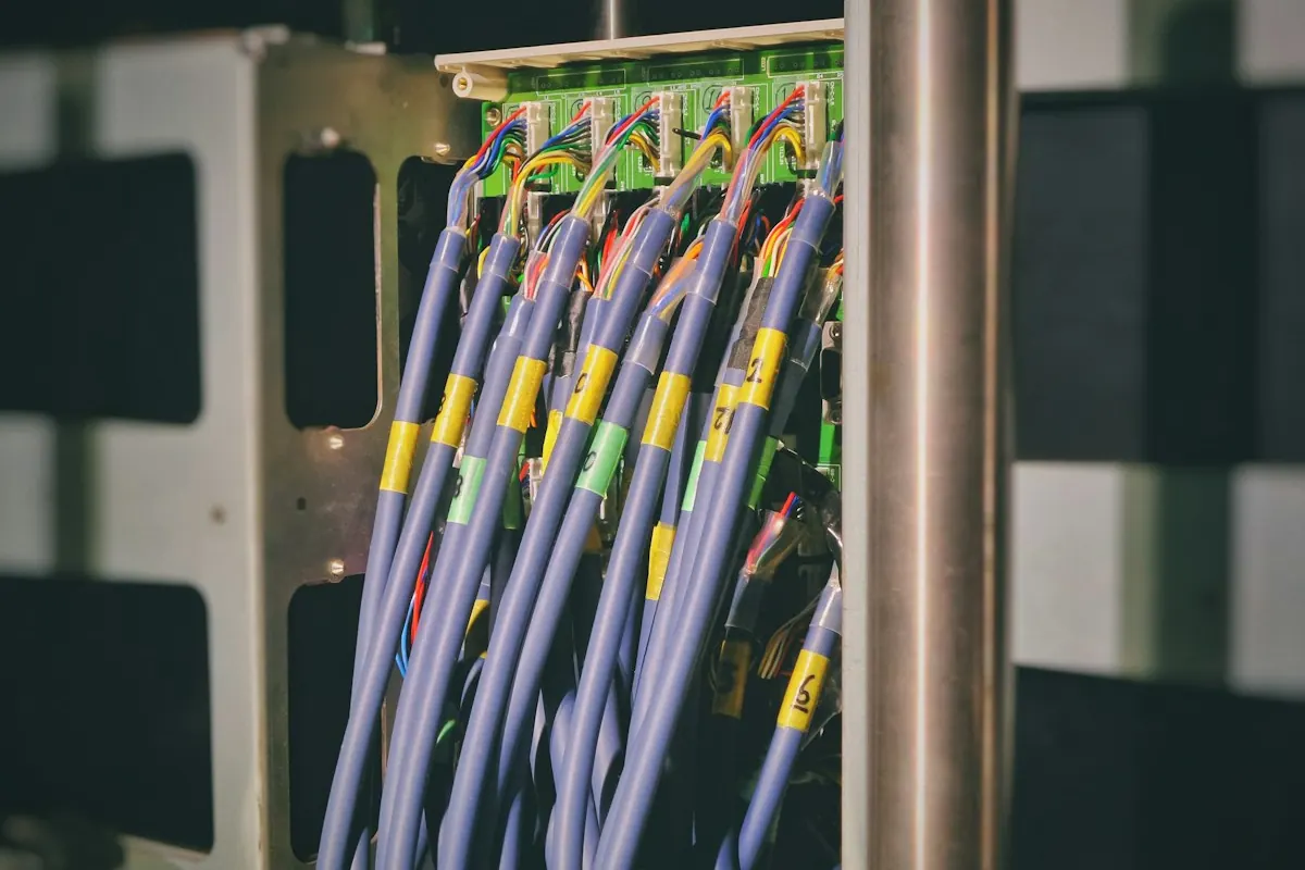 Bundles of blue network cables with yellow labels running into a rack