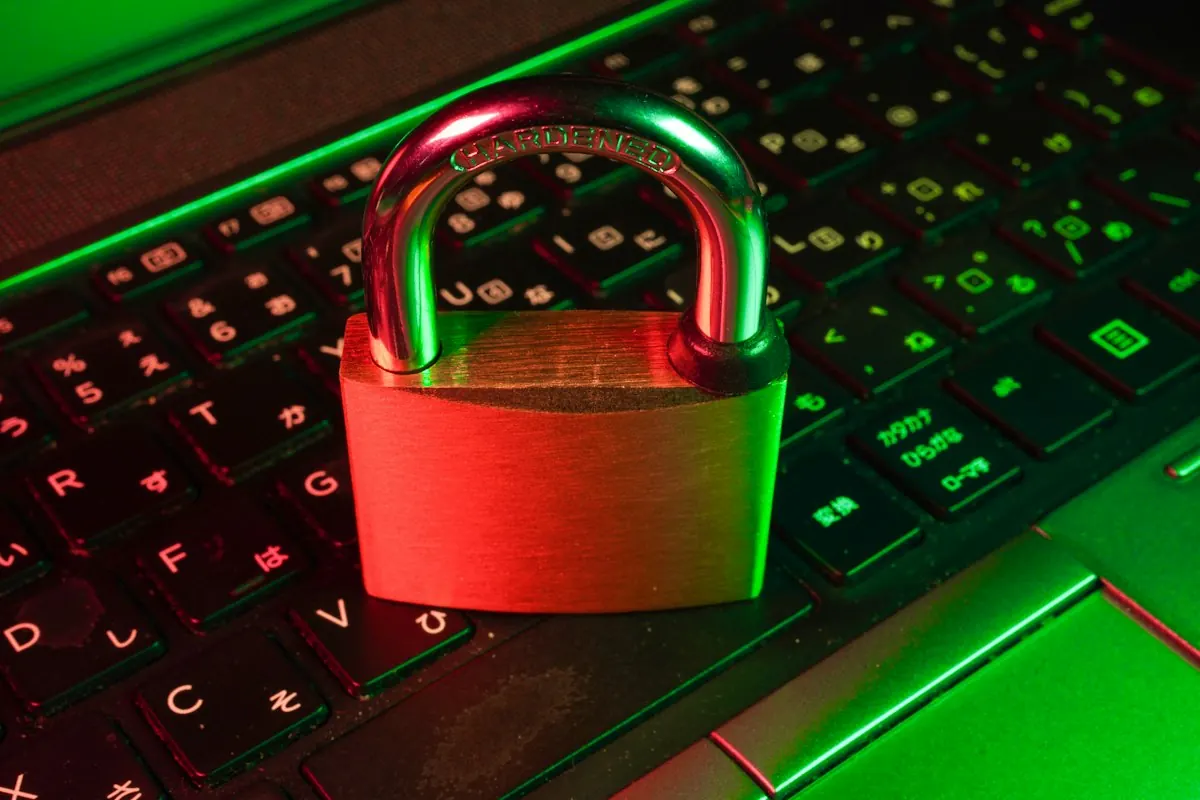 Red padlock on a laptop keyboard lit with green light